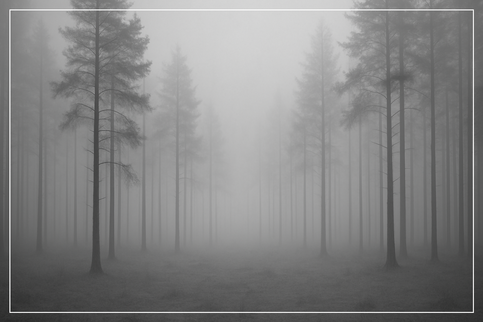 Nebliger Wald, statisches Licht, kühle Oberfläche, ruhige monochrome Struktur ohne Menschen.