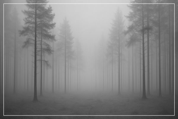 Nebliger Wald, statisches Licht, kühle Oberfläche, ruhige monochrome Struktur ohne Menschen.