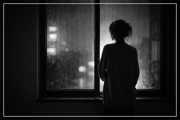 Schwarz-weißes, ruhiges Bild einer einzelnen Person in stiller Umgebung – Sinnbild für Einsamkeit in einer Beziehung, emotionale Distanz trotz Nähe.